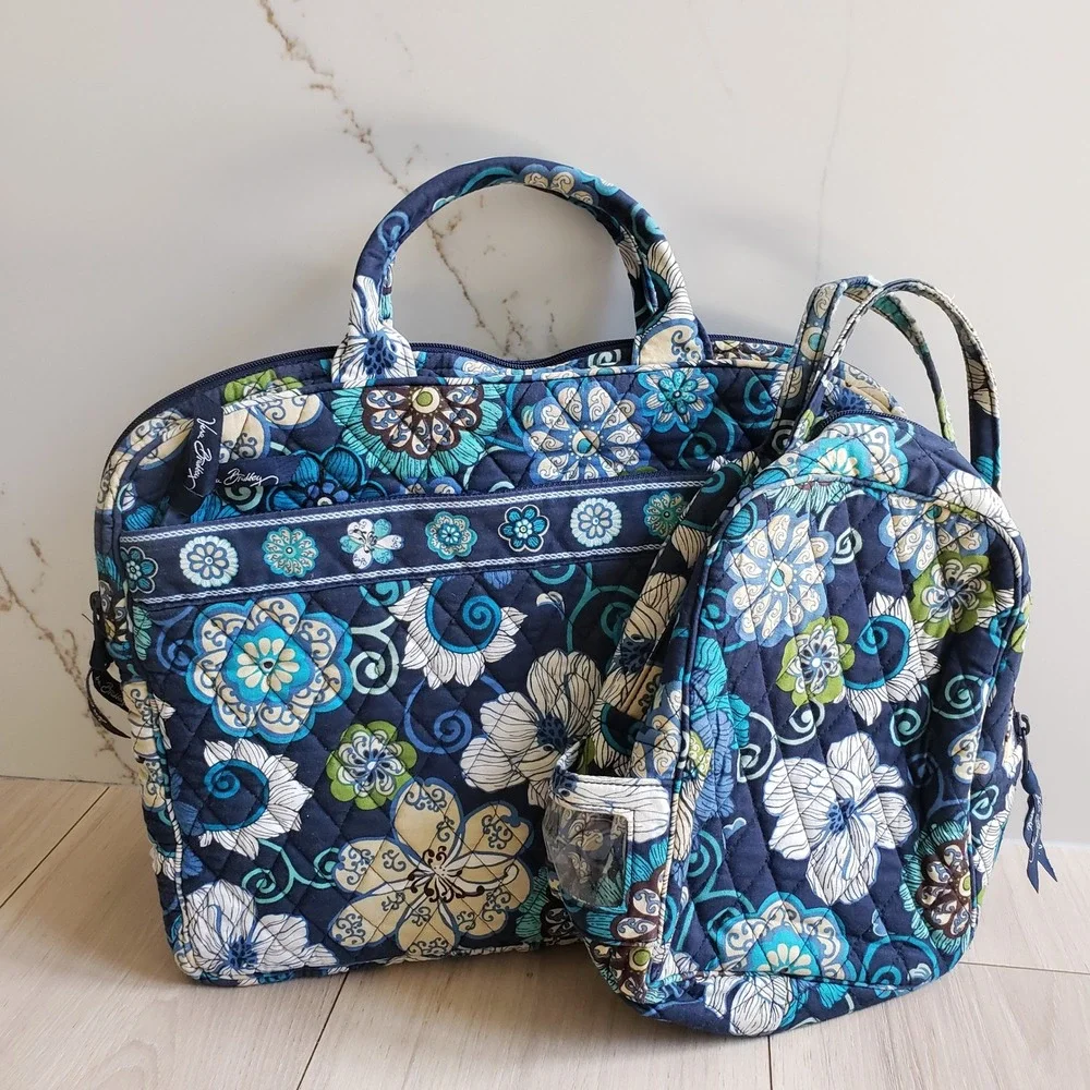 Vintage Vera Bradley Laptop Case & Lunch Bag Blue Floral Quilted Set Made in USA
